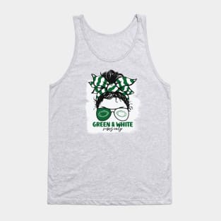 Green and White Vibes Only Football Mom Messy Hair Gameday Tank Top